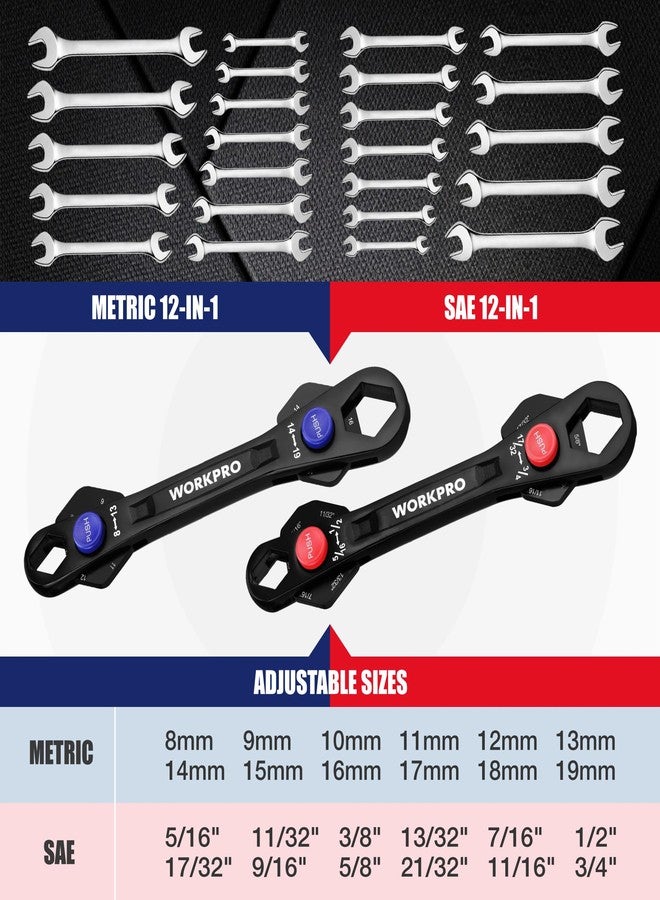 ووركبرو مجموعة مفاتيح ربط عالمية قابلة للتعديل من WORKPRO، قطعتان، ١٢ في ١، مقاسات مترية ٨-١٩ مم و٥/١٦ بوصة - ٣/٤ بوصة، SAE، مصنوعة من فولاذ الكروم والموليبدينوم المعالج حرارياً، مطابقة لمعايير ASME، رأس متعدد المواضع، للاستخدام المنزلي، ورش العمل، والمشاريع المنزلية - Image 2