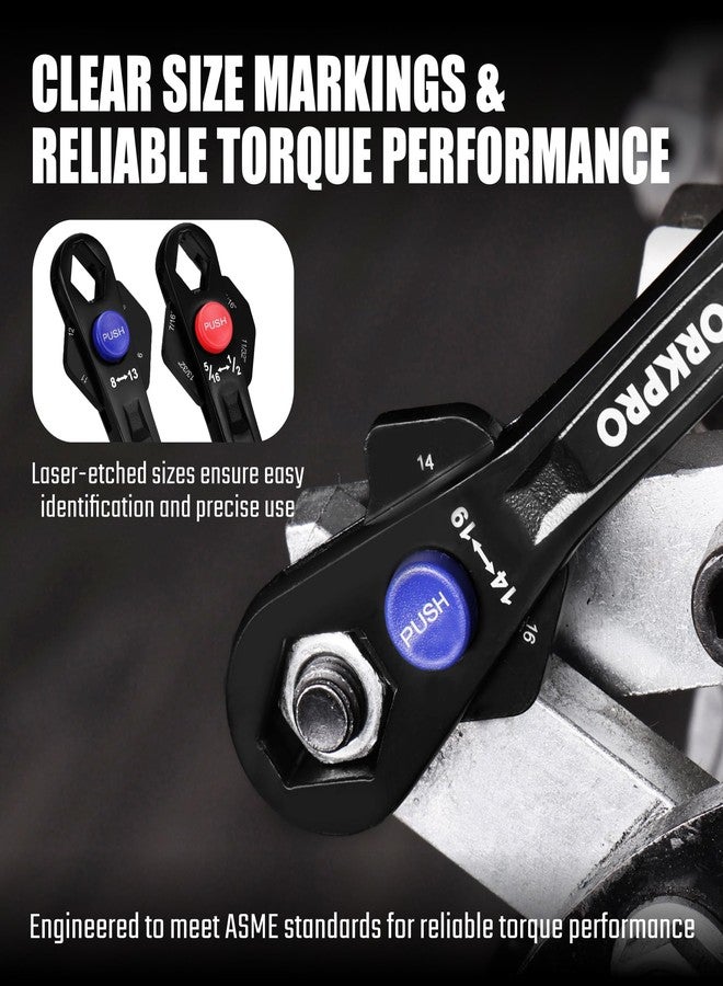 ووركبرو مجموعة مفاتيح ربط عالمية قابلة للتعديل من WORKPRO، قطعتان، ١٢ في ١، مقاسات مترية ٨-١٩ مم و٥/١٦ بوصة - ٣/٤ بوصة، SAE، مصنوعة من فولاذ الكروم والموليبدينوم المعالج حرارياً، مطابقة لمعايير ASME، رأس متعدد المواضع، للاستخدام المنزلي، ورش العمل، والمشاريع المنزلية - Image 5