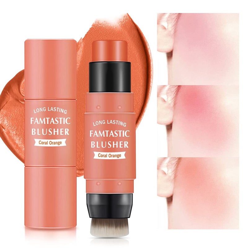 Cream Blush Stick for Cheeks  2 in 1 Multi Makeup Blush with Brush for Cheeks Tint  Eyes  Lips Waterproof Smooth Creme Texture Longlasting Wear All Day 03 Coral Orange