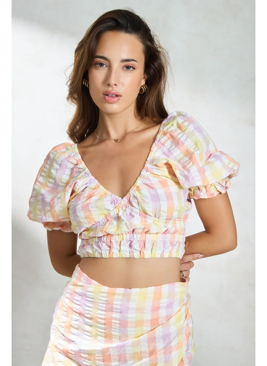 فيرجيو Virgio Women Cotton V Neck Crop Length Checks Short Sleeve Top