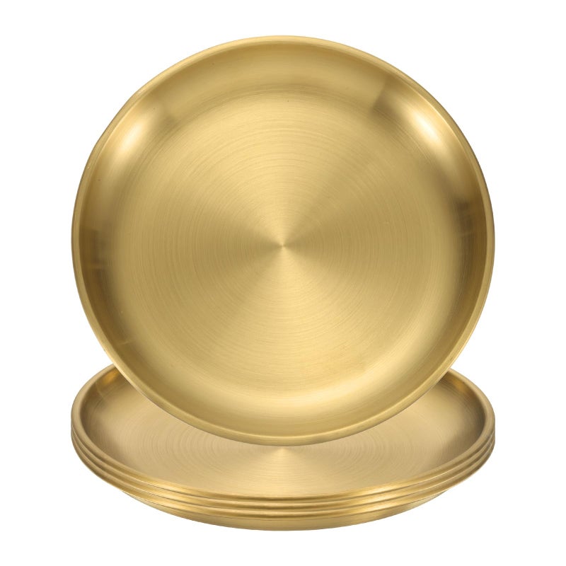 uxcell 4Pcs Stainless Steel Dinner Plates, 5.5" Round Serving Plate Dishes Set Flat Metal Dinner Dishes Plate for Restaurants Kitchen Dessert Salad Food Outdoor Camping, Gold - Image 1