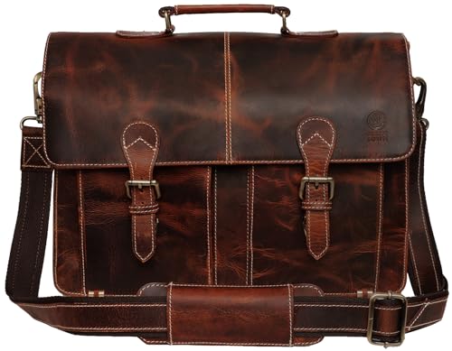 RUSTIC TOWN Handmade 16 inch Brown Leather Shoulder Briefcase Messenger Bag Mens 156inch Laptop Satchel - Image 1