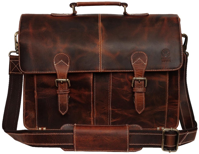 RUSTIC TOWN Handmade 16 inch Brown Leather Shoulder Briefcase Messenger Bag Mens 156inch Laptop Satchel - Image 2