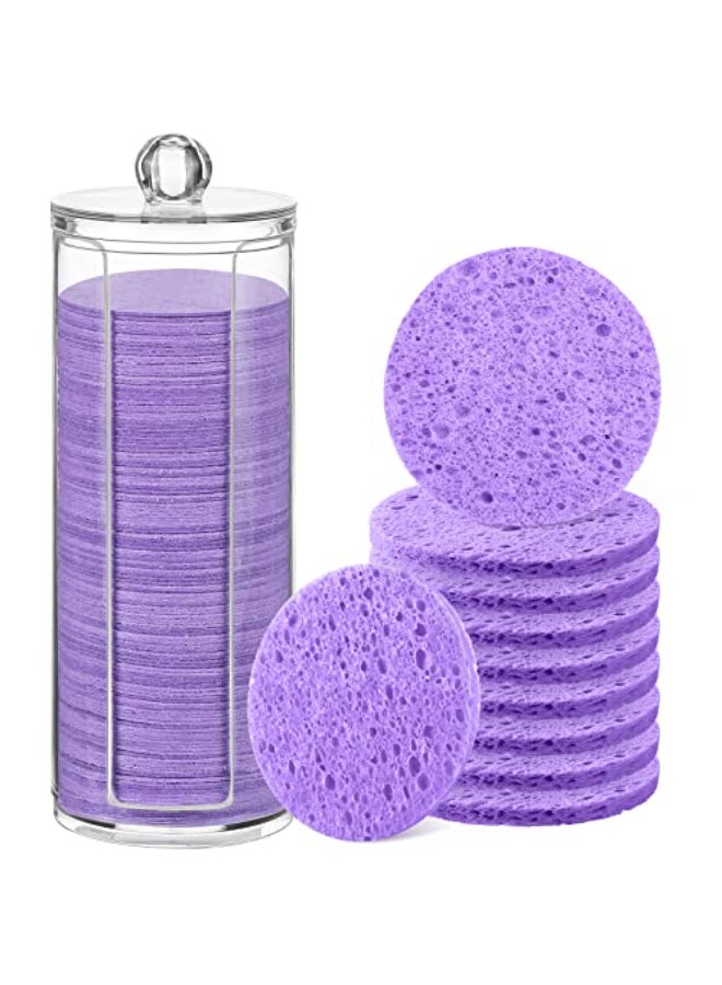 Sieral 120pcs Compressed Facial Sponges Disposable Natural Face Sponges Round Soft Pads with Container for Washing Face Cleansing Exfoliating Esthetician Makeup Removal TravelPurple - Image 1
