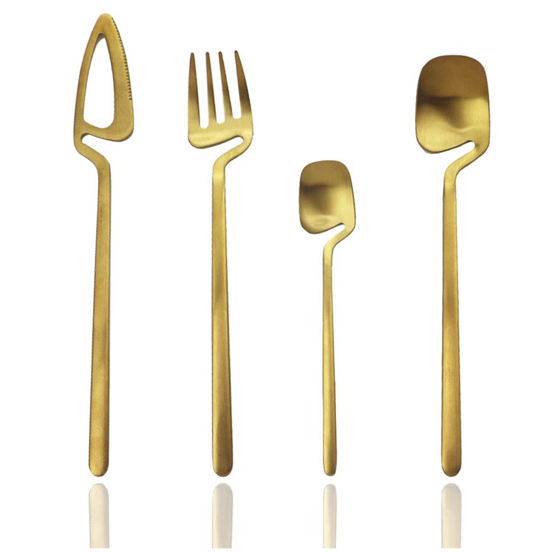 JASHII Hangable Silverware Set Matte Gold Flatware Cutlery Set Service for 2 Satin Finish 8 Piece Stainless Steel Utensils Set for Home and Restaurant Dishwasher SafeGold