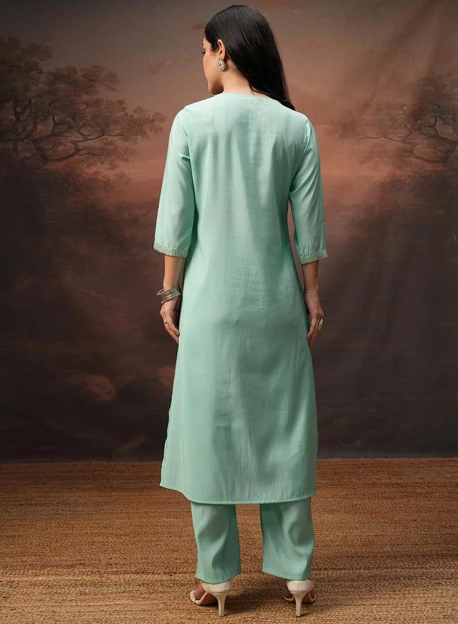 Vishudh Vishudh Embroidered Notch Neck Tunic and Trousers Co-Ords