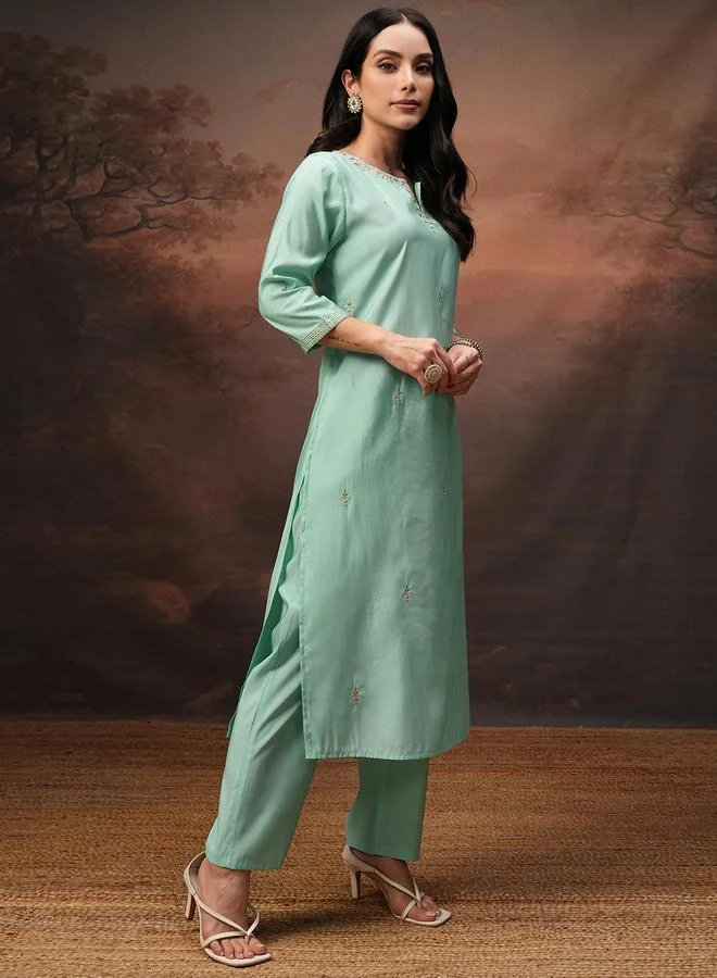 Vishudh Vishudh Embroidered Notch Neck Tunic and Trousers Co-Ords
