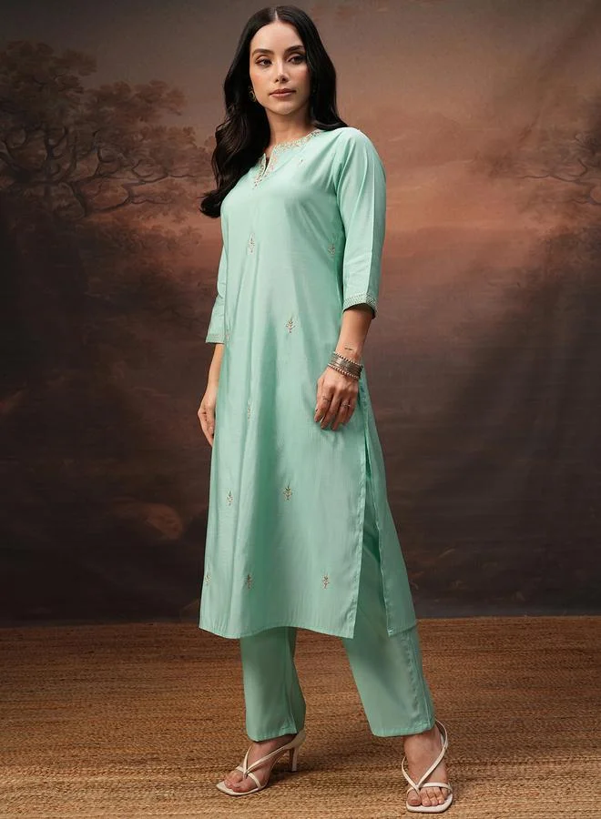 Vishudh Vishudh Embroidered Notch Neck Tunic and Trousers Co-Ords