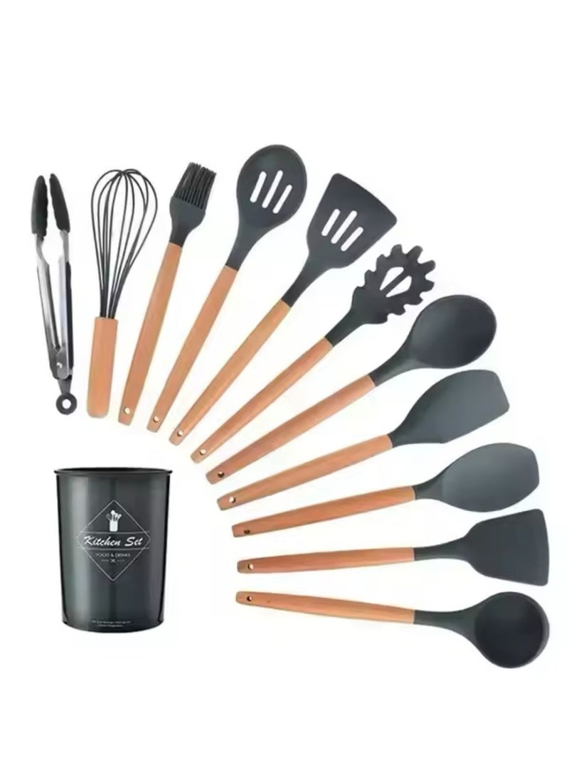 QSHOP Silicone Kitchen Utensil Set, 12 Pcs Silicone Cooking Utensils Set, Include Spatula Holder Set, Non-Stick and Scratch Resistant Kitchen Utensils with Wooden Handles for Cookware  - Image 1