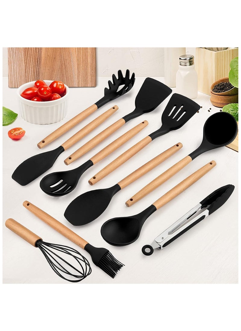QSHOP Silicone Kitchen Utensil Set, 12 Pcs Silicone Cooking Utensils Set, Include Spatula Holder Set, Non-Stick and Scratch Resistant Kitchen Utensils with Wooden Handles for Cookware  - Image 2