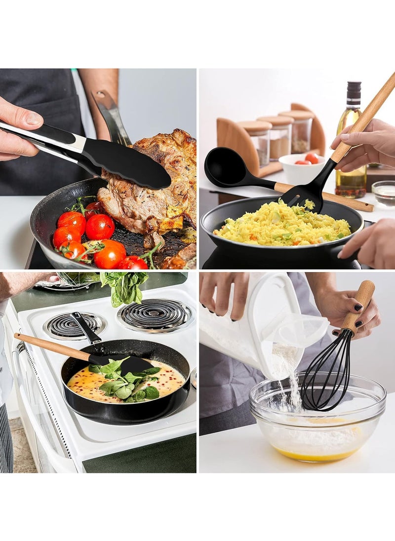 QSHOP Silicone Kitchen Utensil Set, 12 Pcs Silicone Cooking Utensils Set, Include Spatula Holder Set, Non-Stick and Scratch Resistant Kitchen Utensils with Wooden Handles for Cookware  - Image 5