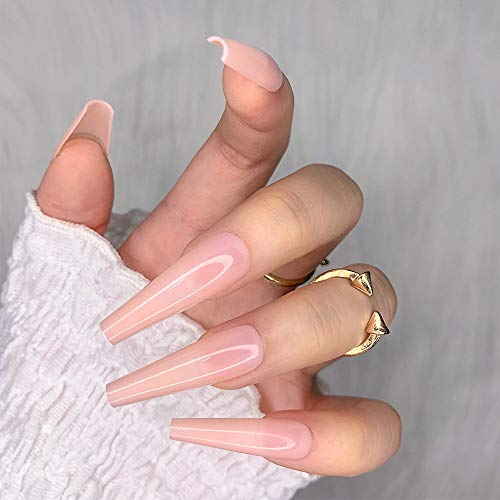 Artquee 24pcs Light Nude Clear Pure Color Ballerina Long Coffin Glossy Fake Nails Press on Nail False Tips Manicure for Women - Image 5