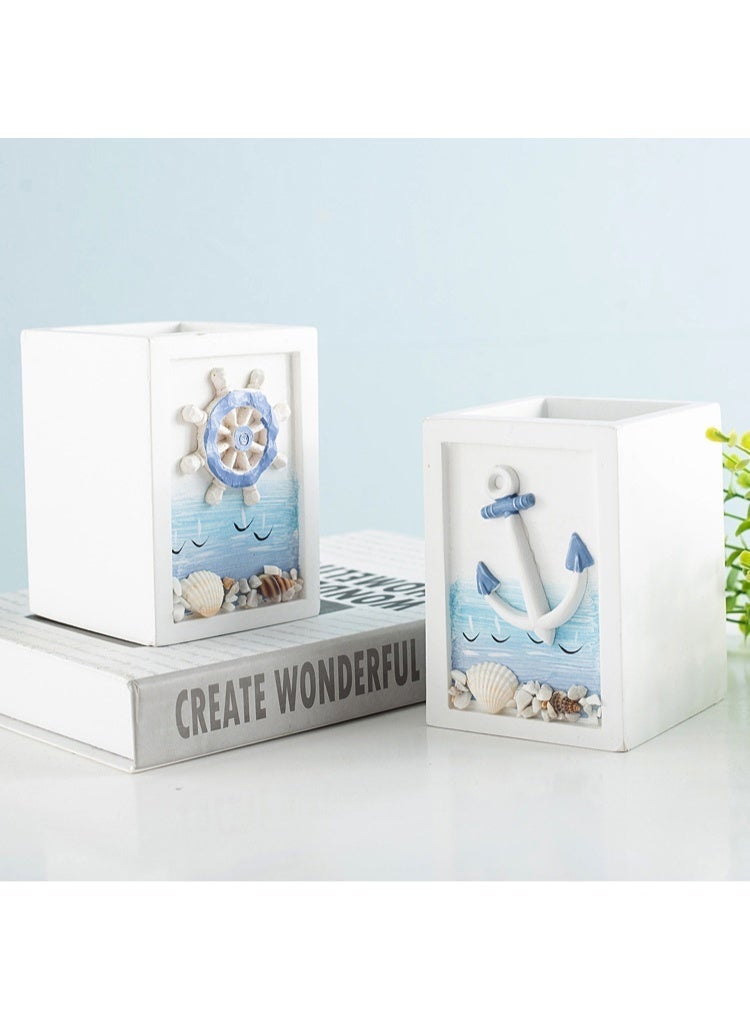 YINZUO Nautical Wooden Pen Holder – Beach Theme Desk Organizer with Sailboat/Anchor/Lifebuoy/Helm Designs – Decorative Office & Home Stationery Holder - Image 3