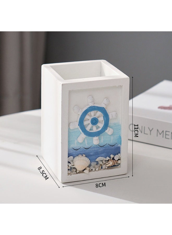 YINZUO Nautical Wooden Pen Holder – Beach Theme Desk Organizer with Sailboat/Anchor/Lifebuoy/Helm Designs – Decorative Office & Home Stationery Holder - Image 2