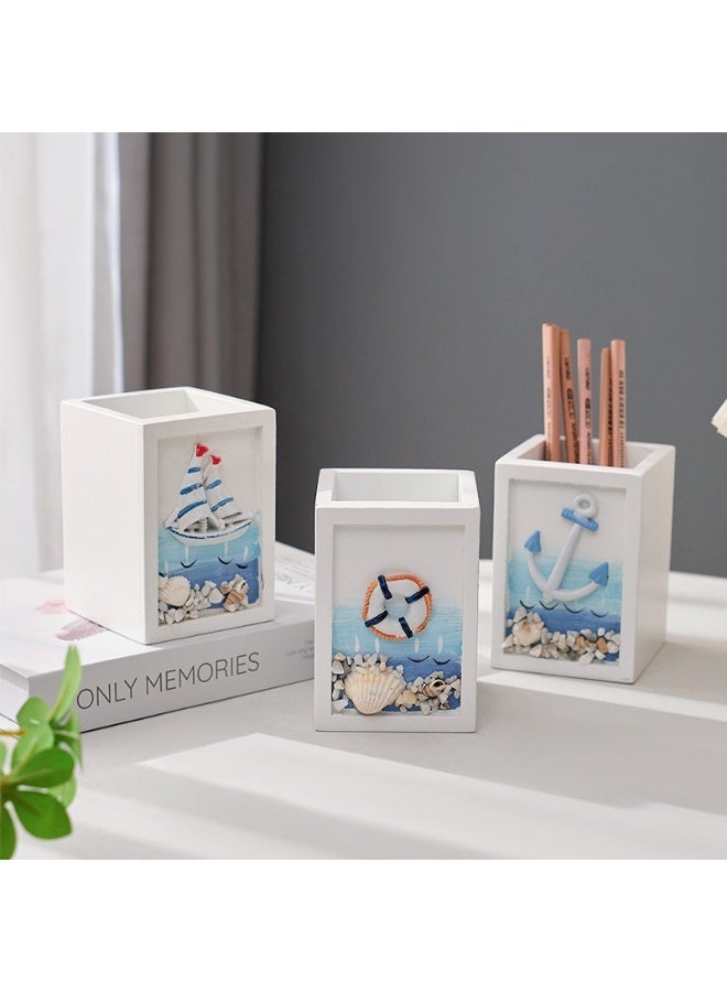 YINZUO Nautical Wooden Pen Holder – Beach Theme Desk Organizer with Sailboat/Anchor/Lifebuoy/Helm Designs – Decorative Office & Home Stationery Holder - Image 5