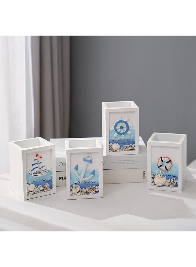 YINZUO Nautical Wooden Pen Holder – Beach Theme Desk Organizer with Sailboat/Anchor/Lifebuoy/Helm Designs – Decorative Office & Home Stationery Holder - Image 4