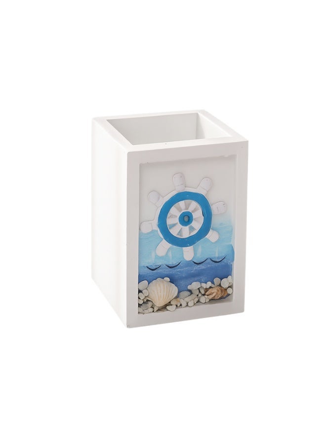 YINZUO Nautical Wooden Pen Holder – Beach Theme Desk Organizer with Sailboat/Anchor/Lifebuoy/Helm Designs – Decorative Office & Home Stationery Holder - Image 1