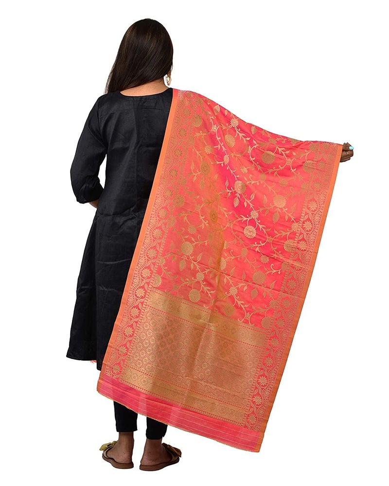 GRANTH ENTERPRISE Women's Dupatta For Indian wear Jacquard Banarasi Art Silk Printed Zari & Resham Work Woven Only Dupatta/Chunni For Women Gorgeous Printed Designer Chunni (FREE SIZE, PINK) - Image 3
