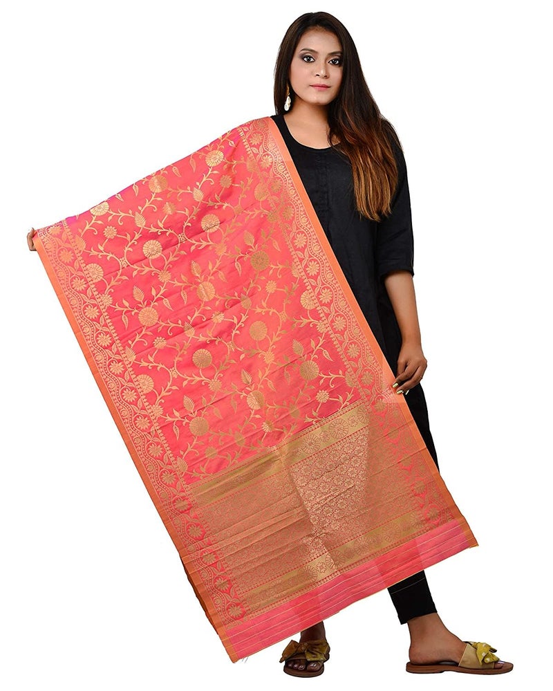 GRANTH ENTERPRISE Women's Dupatta For Indian wear Jacquard Banarasi Art Silk Printed Zari & Resham Work Woven Only Dupatta/Chunni For Women Gorgeous Printed Designer Chunni (FREE SIZE, PINK) - Image 1