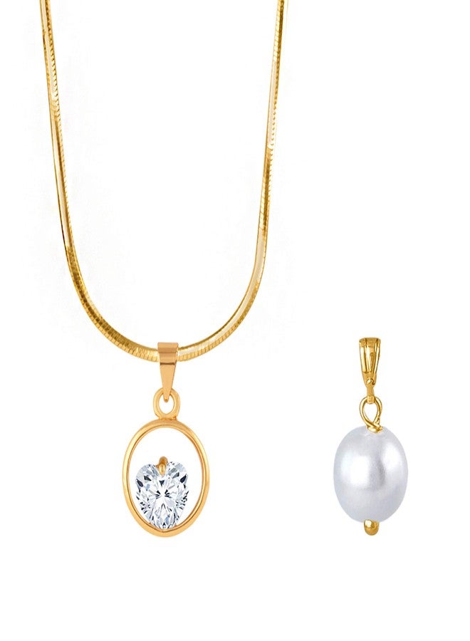 JFL - Jewellery for Less Romantic|Valentines day|Gift idea|for her|Wife|Girlfriend|Lover|Fiance|Crush Gold Plated CZ Heart Round Solitaire Pendant & Japanese Pearl Pendant with Chain for Women & Girls - Image 1