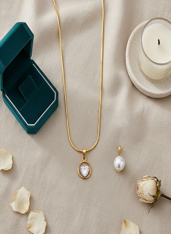 JFL - Jewellery for Less Romantic|Valentines day|Gift idea|for her|Wife|Girlfriend|Lover|Fiance|Crush Gold Plated CZ Heart Round Solitaire Pendant & Japanese Pearl Pendant with Chain for Women & Girls - Image 2
