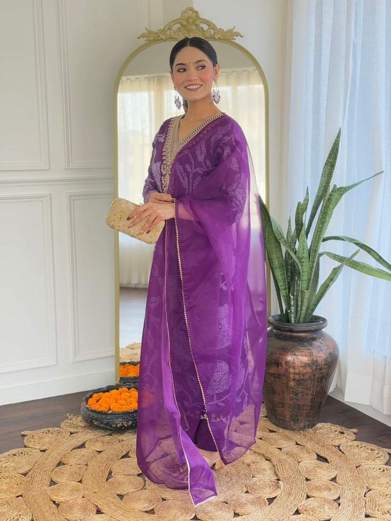 Naixa Women's Purple Rayon Embroidered Straight Kurta with Rayon Pant And Organza Laced Dupatta Sets (NX-713-Purple-XXL) - Image 3