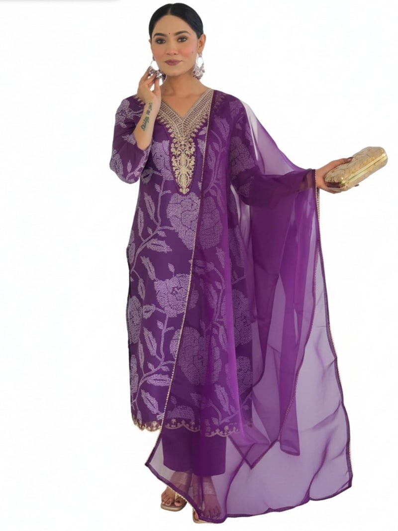 Naixa Women's Purple Rayon Embroidered Straight Kurta with Rayon Pant And Organza Laced Dupatta Sets (NX-713-Purple-XXL) - Image 1