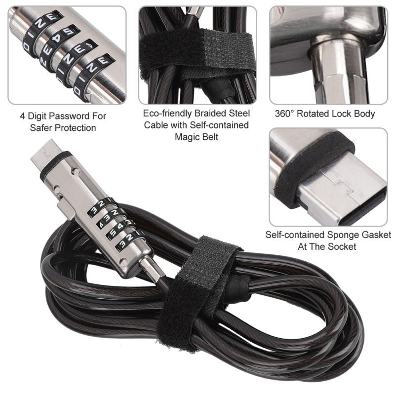 Laptop Lock: 4 Digit Password Eco-Friendly Braided Steel Cable - Thick Aluminum Alloy Joints Durable Digital Password Unlock for Laptop & Standard Security Slot Devices - Image 4