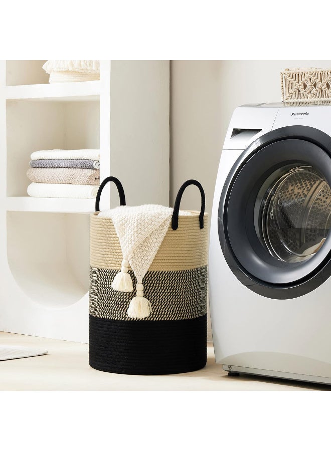 سلة غسيل، سلة غسيل من حبل قطني منسوج، سعة 60 لتر لتخزين الملابس المتسخة والألعاب والبطانيات في الحمام وغرفة النوم وغرفة المعيشة - Image 3