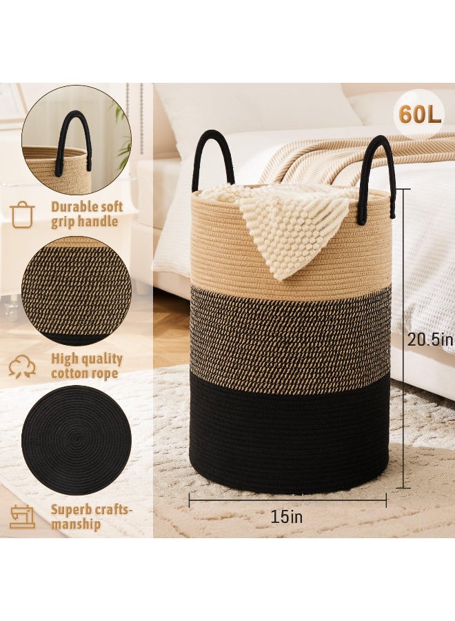 سلة غسيل، سلة غسيل من حبل قطني منسوج، سعة 60 لتر لتخزين الملابس المتسخة والألعاب والبطانيات في الحمام وغرفة النوم وغرفة المعيشة - Image 2