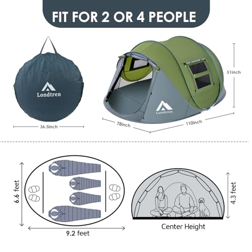 Londtren Pop Up Tents for Camping 4 Person Waterproof Military Popup Tent Camping Easy Up Camping Tents Instant Pop Up Tent Big Green - Image 2