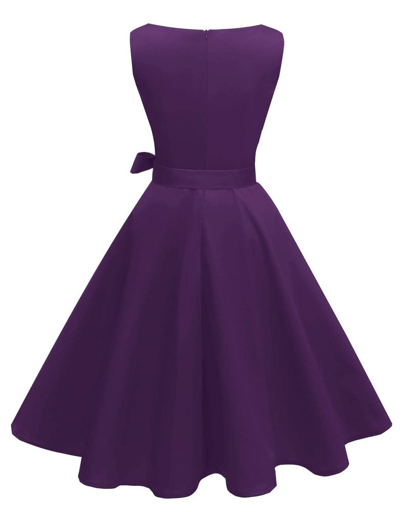 Hanpceirs Women's Boatneck Sleeveless Swing Vintage 1950s Cocktail Dress Deep Purple S - Image 3