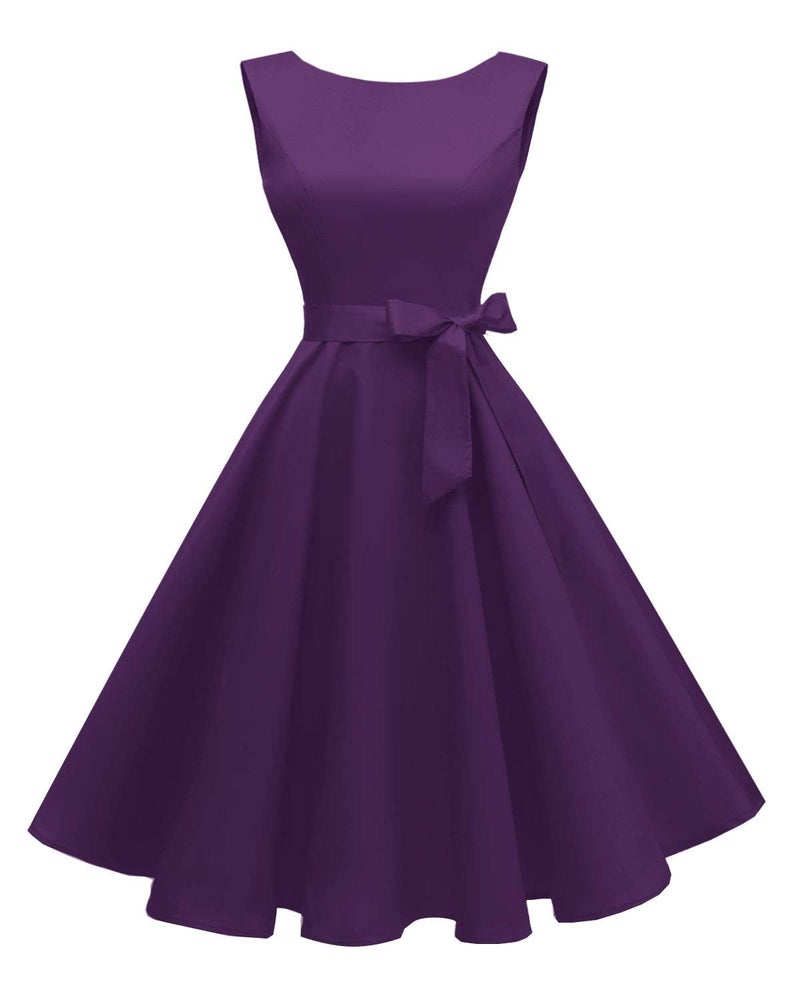 Hanpceirs Women's Boatneck Sleeveless Swing Vintage 1950s Cocktail Dress Deep Purple S - Image 1