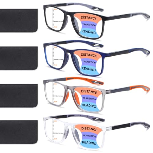BLOEXCLU 4 Pack Progressive Multifocus Reading Glasses for Men Women TR90 Sports Style Anti-Blue Light Computer Readers (black & blue & grey & transparent, 4, x) - Image 1