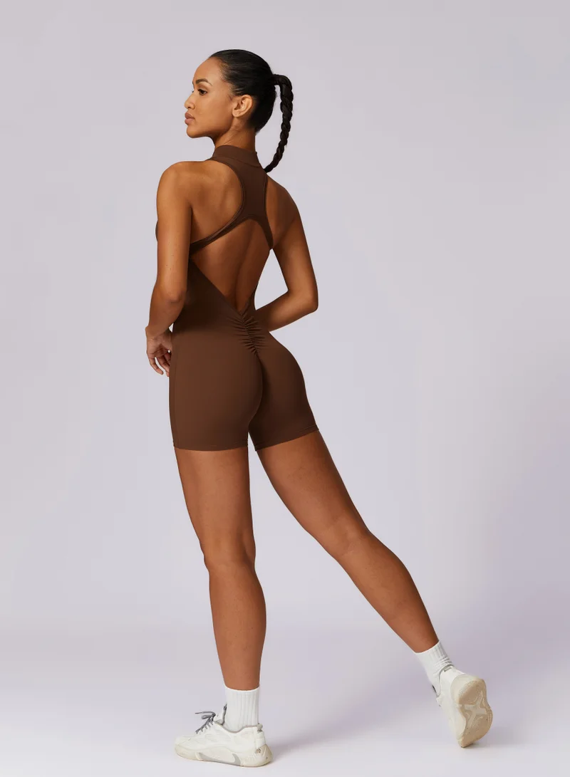 KAWN.YOGA Pecan Brown Womens High-Neck Low Back Sleeveless Scrunch Jumpsuit for Women | Best Price UAE