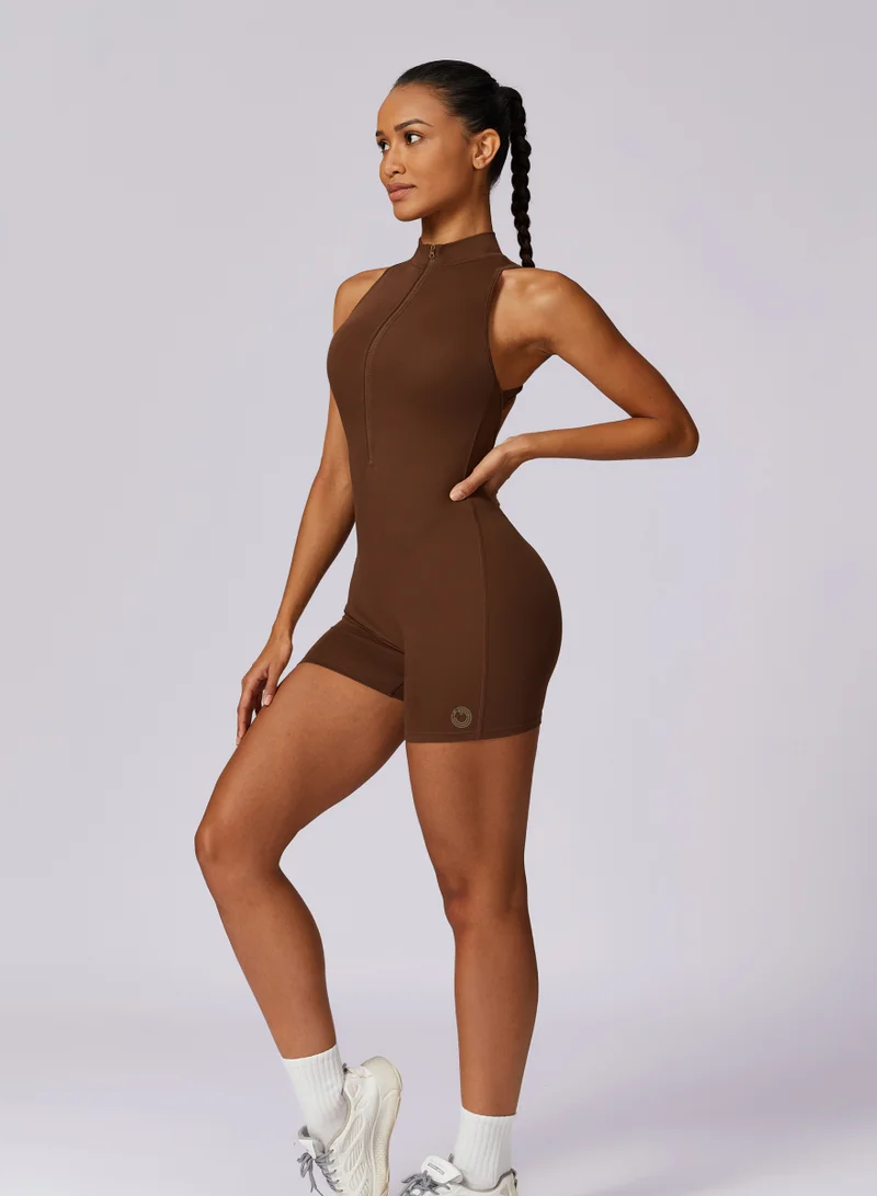 KAWN.YOGA Pecan Brown Womens High-Neck Low Back Sleeveless Scrunch Jumpsuit for Women | Best Price UAE
