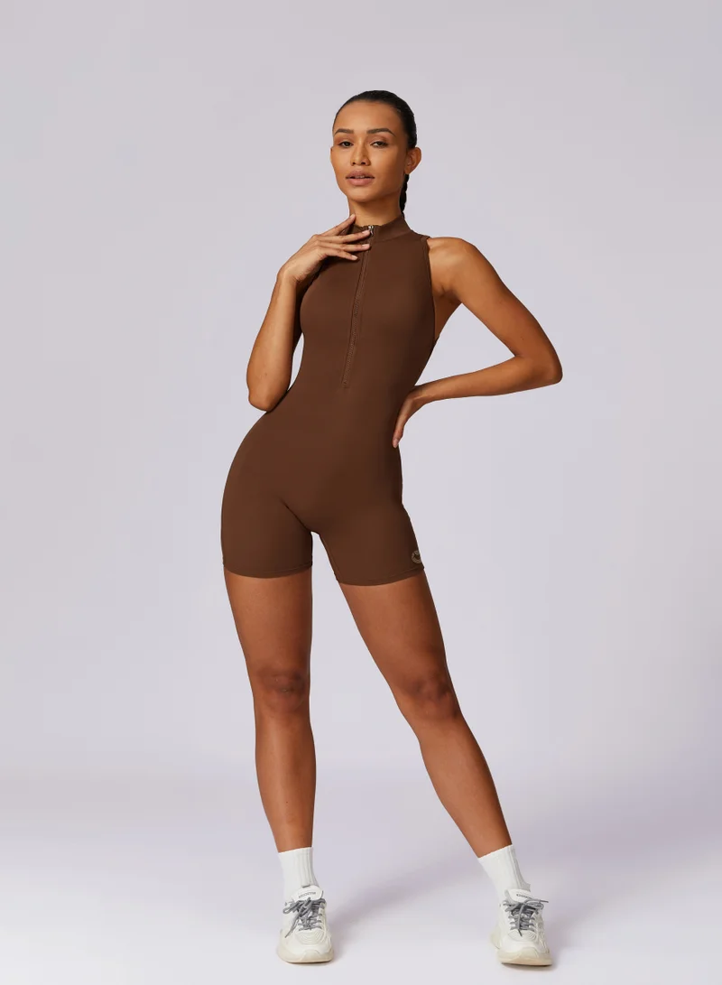 KAWN.YOGA Pecan Brown Womens High-Neck Low Back Sleeveless Scrunch Jumpsuit for Women | Best Price UAE