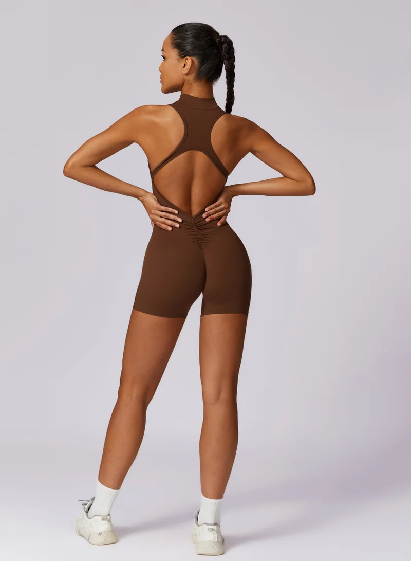 KAWN.YOGA Pecan Brown Womens High-Neck Low Back Sleeveless Scrunch Jumpsuit for Women | Best Price UAE