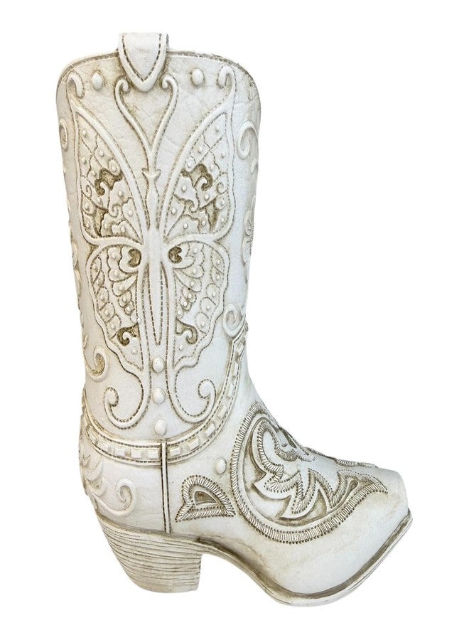 Top Brass Butterfly Boot Vase - Resin Cowboy/Cowgirl Boot Decor - Antique White Finish, Tooled Leather Look, Protective Pads, Modern Rustic Western Flower Holder, 7” Tall - Image 1