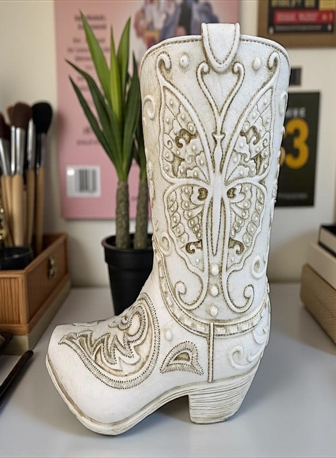 Top Brass Butterfly Boot Vase - Resin Cowboy/Cowgirl Boot Decor - Antique White Finish, Tooled Leather Look, Protective Pads, Modern Rustic Western Flower Holder, 7” Tall - Image 5