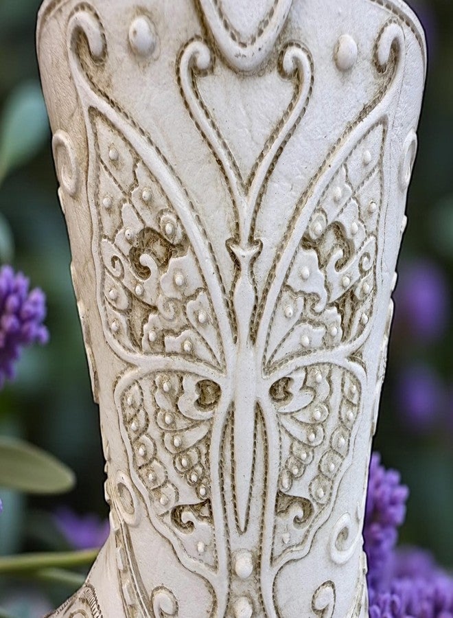 Top Brass Butterfly Boot Vase - Resin Cowboy/Cowgirl Boot Decor - Antique White Finish, Tooled Leather Look, Protective Pads, Modern Rustic Western Flower Holder, 7” Tall - Image 4