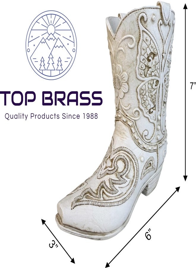 Top Brass Butterfly Boot Vase - Resin Cowboy/Cowgirl Boot Decor - Antique White Finish, Tooled Leather Look, Protective Pads, Modern Rustic Western Flower Holder, 7” Tall - Image 3