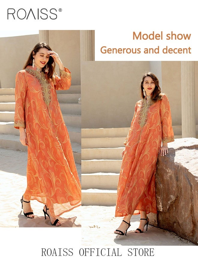 رويس عباية نسائية إسلامية بأكمام طويلة، مطرزة، من دبي، السعودية، بتصميم انسيابي وقصة فضفاضة أنيقة، مناسبة للارتداء اليومي، بنقشة مطبوعة، مناسبة للمناسبات والحفلات، باللون البرتقالي. - Image 4