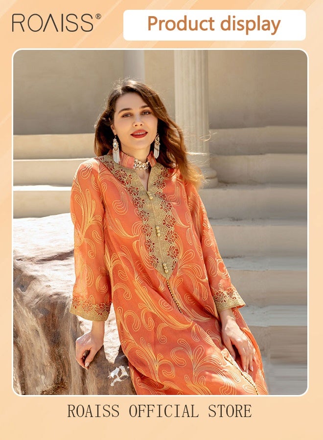رويس عباية نسائية إسلامية بأكمام طويلة، مطرزة، من دبي، السعودية، بتصميم انسيابي وقصة فضفاضة أنيقة، مناسبة للارتداء اليومي، بنقشة مطبوعة، مناسبة للمناسبات والحفلات، باللون البرتقالي. - Image 5