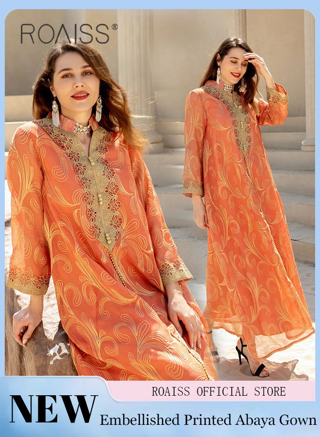 رويس عباية نسائية إسلامية بأكمام طويلة، مطرزة، من دبي، السعودية، بتصميم انسيابي وقصة فضفاضة أنيقة، مناسبة للارتداء اليومي، بنقشة مطبوعة، مناسبة للمناسبات والحفلات، باللون البرتقالي. - Image 2