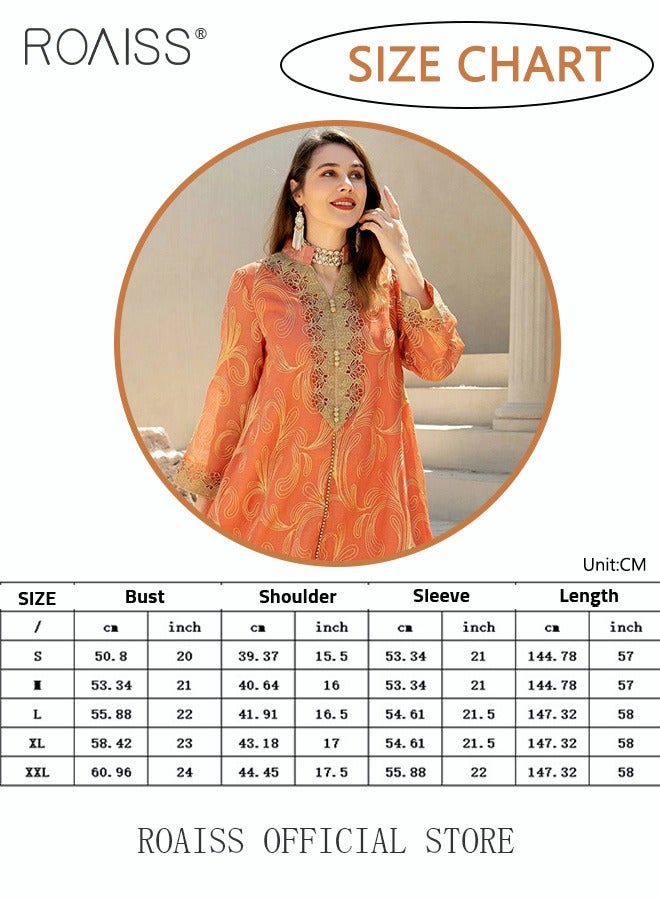 رويس عباية نسائية إسلامية بأكمام طويلة، مطرزة، من دبي، السعودية، بتصميم انسيابي وقصة فضفاضة أنيقة، مناسبة للارتداء اليومي، بنقشة مطبوعة، مناسبة للمناسبات والحفلات، باللون البرتقالي. - Image 3