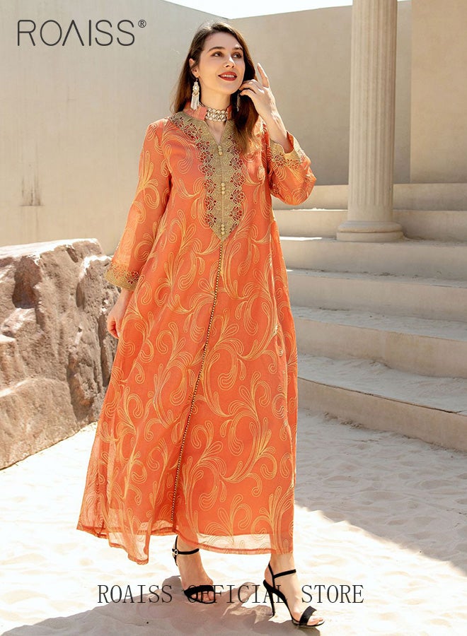رويس عباية نسائية إسلامية بأكمام طويلة، مطرزة، من دبي، السعودية، بتصميم انسيابي وقصة فضفاضة أنيقة، مناسبة للارتداء اليومي، بنقشة مطبوعة، مناسبة للمناسبات والحفلات، باللون البرتقالي. - Image 1