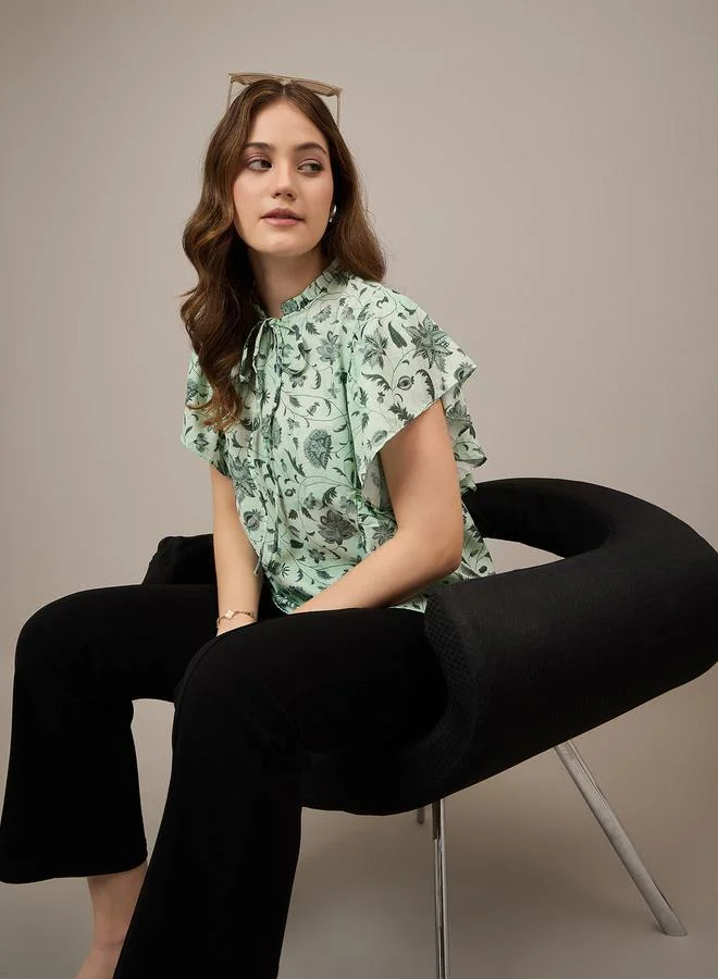 Kuwarii Green Floral Ruffled Sleeves Top