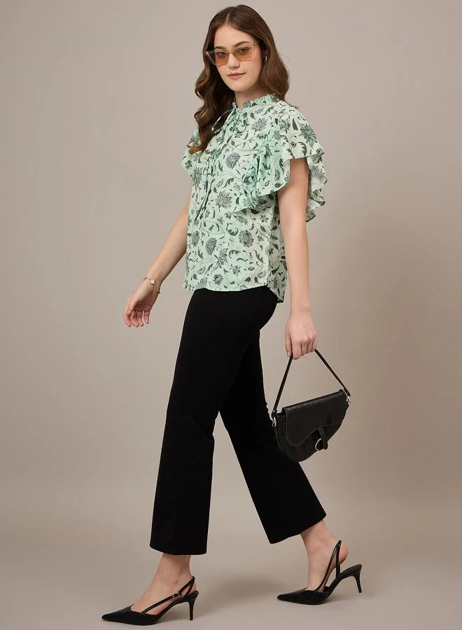 Kuwarii Green Floral Ruffled Sleeves Top