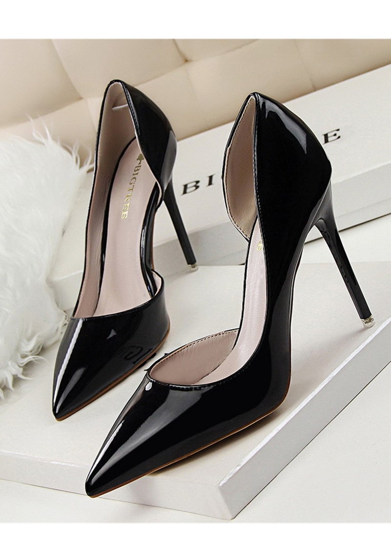 BIGTREE Fashion Simple Slim Patent Leather Shallow Mouth Pointy Hollowed Out Slim Heels  Black - Image 1
